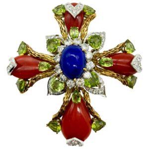 Coral, Lapis, Peridot, and Diamond Cross Brooch