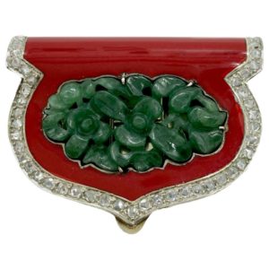 Art Deco Carved Jade, Coral, and Diamond Clip Brooch