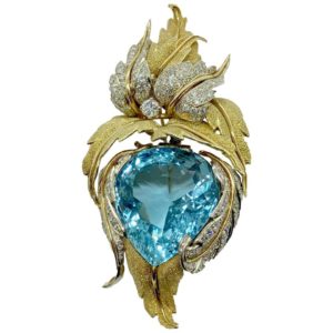 110 Carat Aquamarine and Diamond Brooch