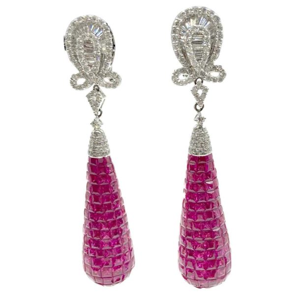 Invisible Set Ruby and Diamond Drop Earrings