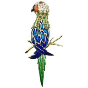 Large Enamel Parrot & Gemstone Brooch