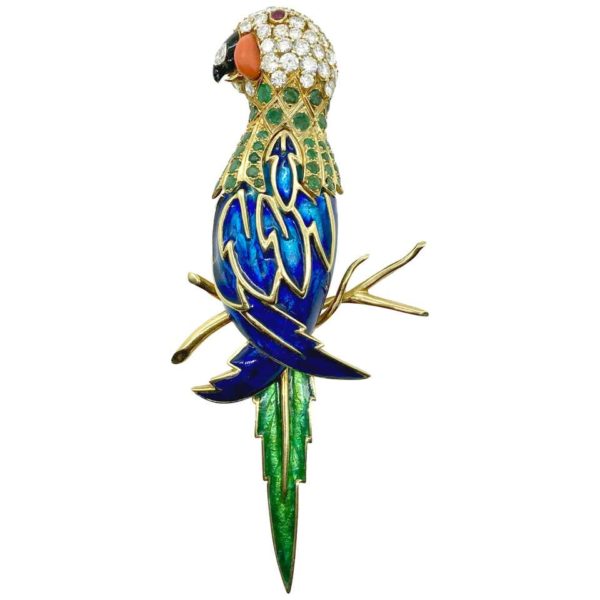 Large Enamel Parrot & Gemstone Brooch