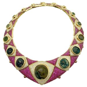 Ancient Coin, Diamond, and Rubelite Statement Necklace