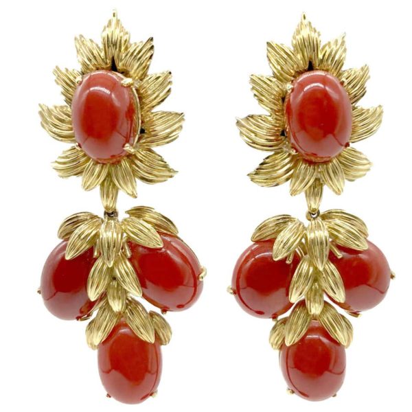 Cabochon Coral Ear Pendants