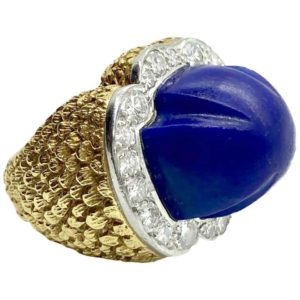 Lapis and Diamond Textured Gold Dome Ring
