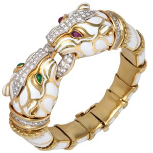 David Webb White Enamel Tiger Bracelet