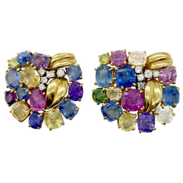 Retro Multi-Color Sapphire and Diamond Dress Clips