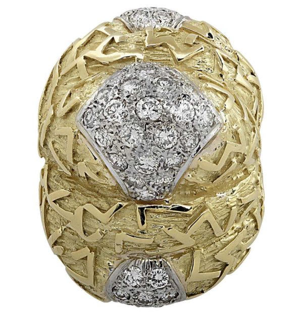 Large Textured Gold & Diamond Dome Ring - Image 2