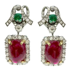 Cabochon Spinel, Diamond, & Emerald Earrings