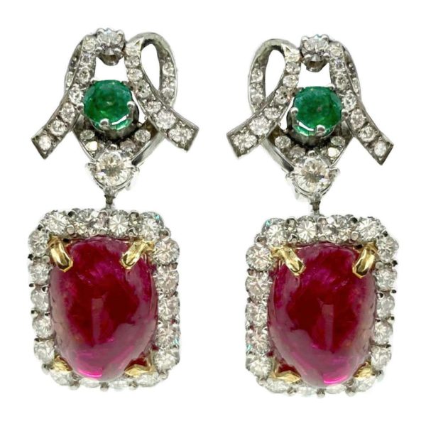 Cabochon Spinel, Diamond, & Emerald Earrings
