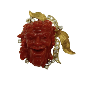 Carved Coral and Diamond Bacchus Brooch-Pendant