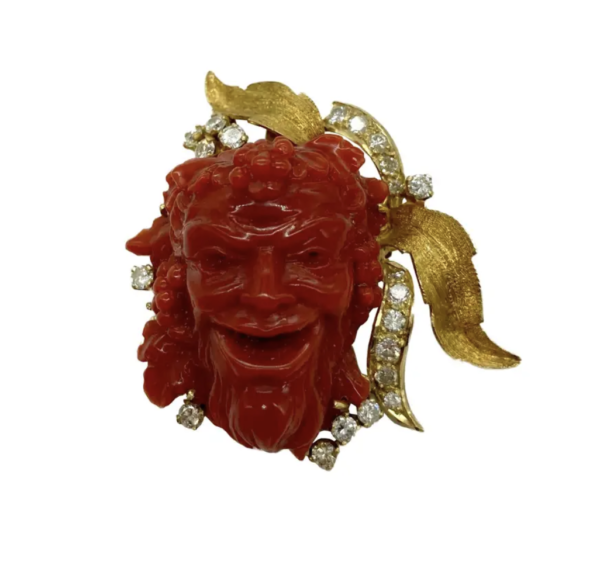 Carved Coral and Diamond Bacchus Brooch-Pendant