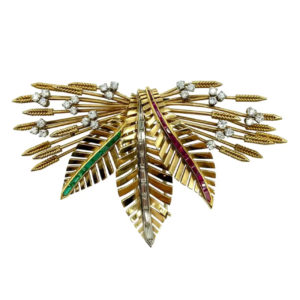 Retro Gemstone Foliate Clip Brooch