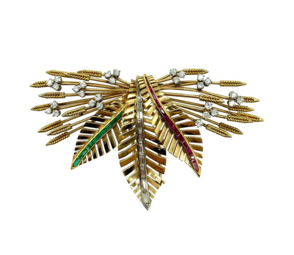 Retro Gemstone Foliate Clip Brooch