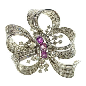 Retro Pink Sapphire & Diamond Bow Brooch