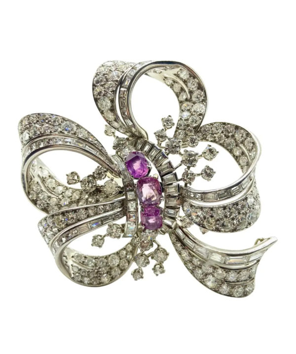 Retro Pink Sapphire & Diamond Bow Brooch