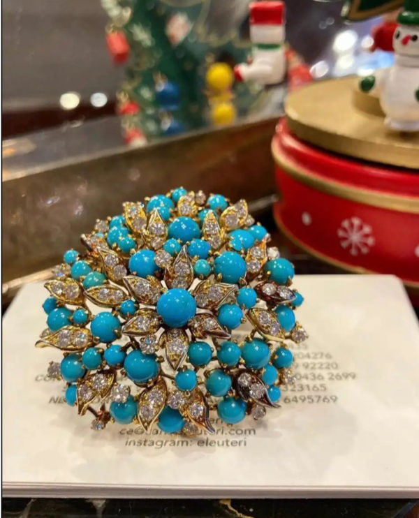 Bulgari Persian Turquoise & Diamond Cluster Brooch - Image 2