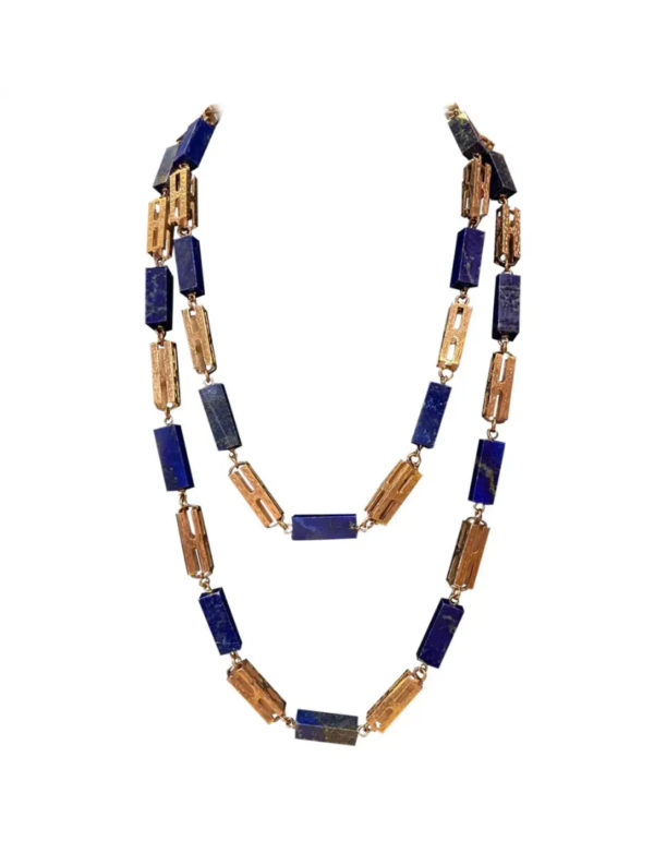 Antique Lapis Bead & Rose Gold Long Chain Necklace