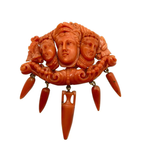 Antique Italian Carved Coral Brooch