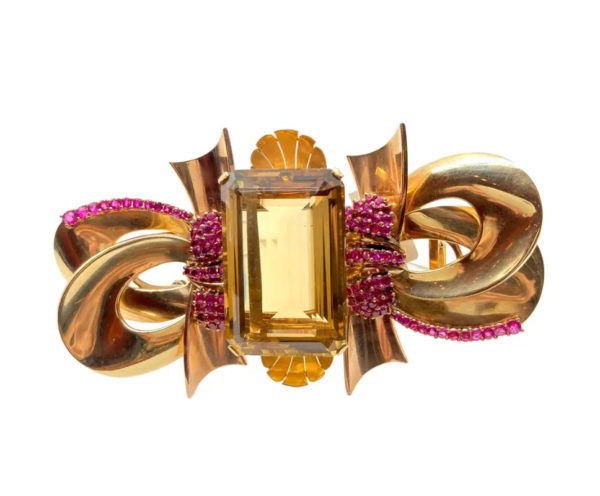 Enormous Retro Citrine & Ruby Clip Brooch