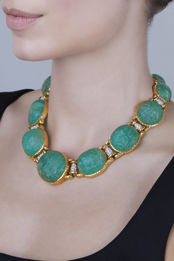 David Webb Carved Emerald & Diamond Necklace - Image 2