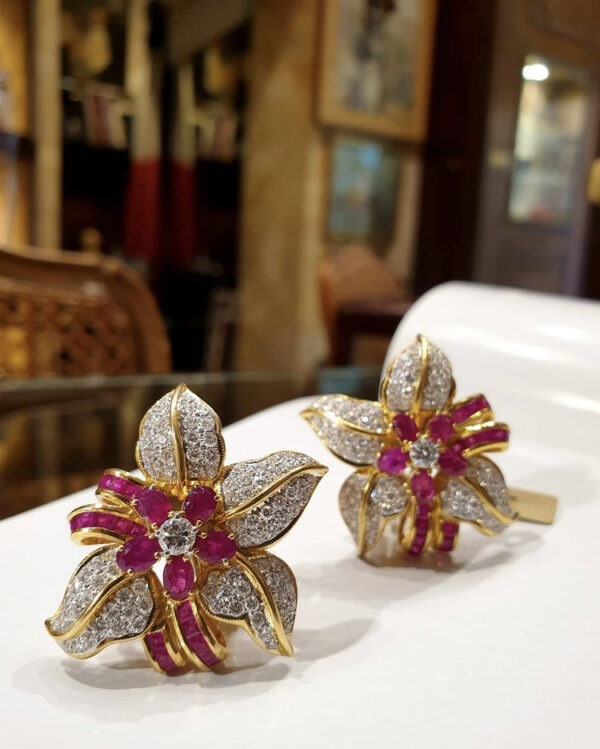 Ruby & Diamond Flower Earrings - Image 3