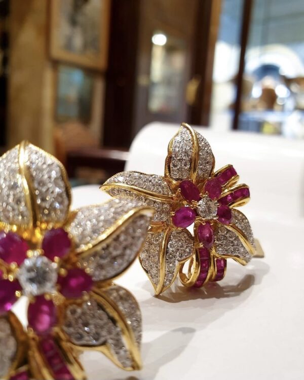 Ruby & Diamond Flower Earrings - Image 2
