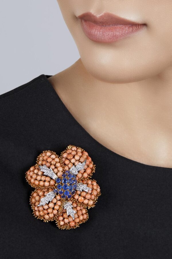 David Webb Coral & Gemstone Flower Brooch-Pendant - Image 2
