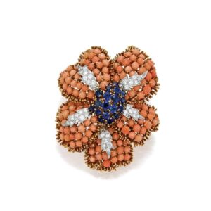 David Webb Coral & Gemstone Flower Brooch-Pendant