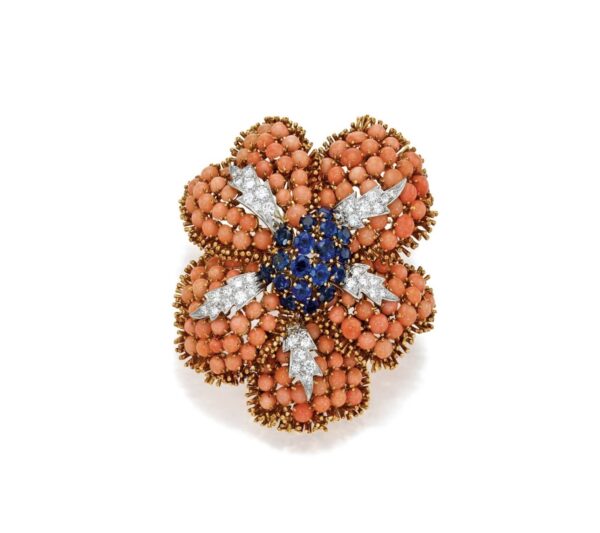 David Webb Coral & Gemstone Flower Brooch-Pendant