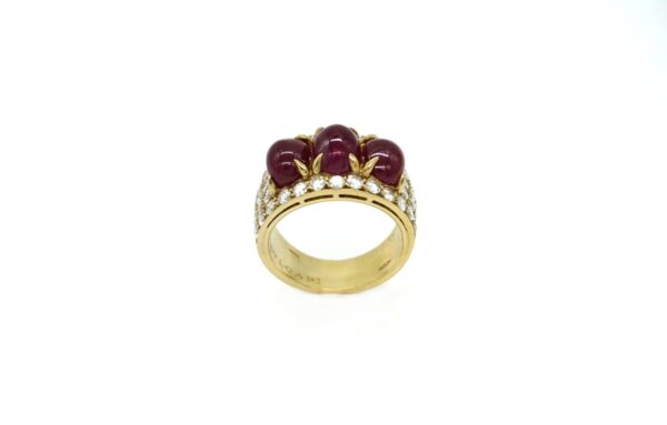 Bulgari Diamond & Three Cabochon Rubies 18k Gold Ring