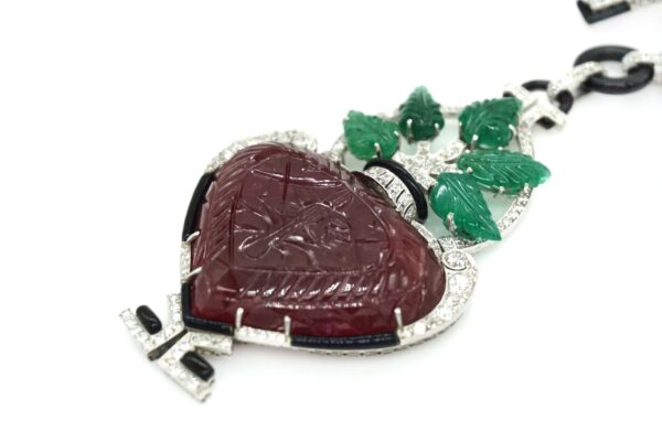 Art Deco Pendant/Lapel Brooch with Emeralds Diamonds and Ruby - Image 4
