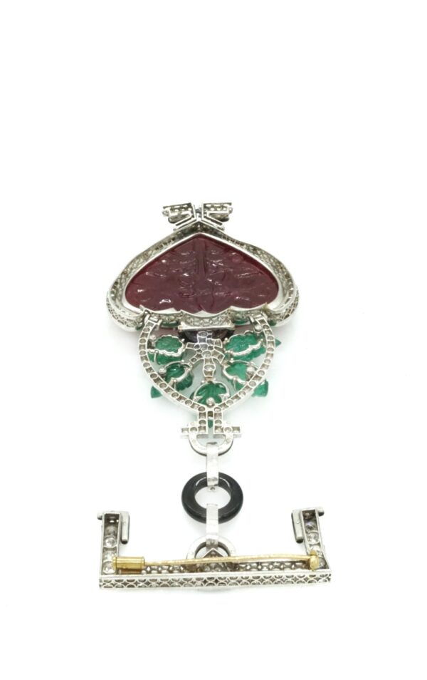 Art Deco Pendant/Lapel Brooch with Emeralds Diamonds and Ruby - Image 5
