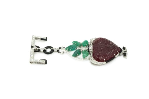Art Deco Pendant/Lapel Brooch with Emeralds Diamonds and Ruby - Image 3
