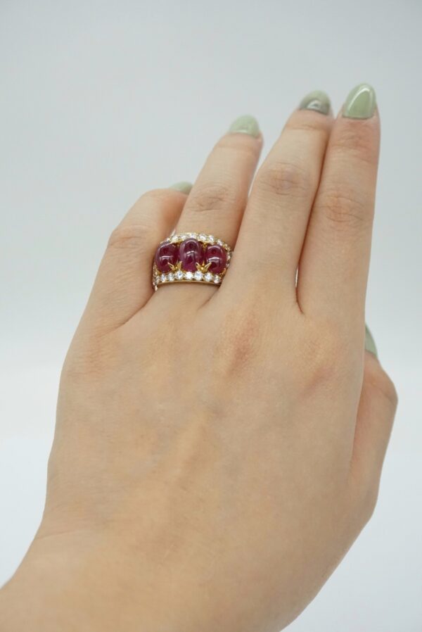 Bulgari Diamond & Three Cabochon Rubies 18k Gold Ring - Image 6