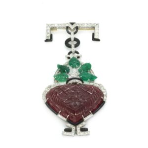 Art Deco Pendant/Lapel Brooch with Emeralds Diamonds and Ruby