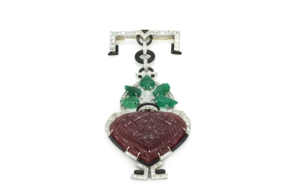 Art Deco Pendant/Lapel Brooch with Emeralds Diamonds and Ruby