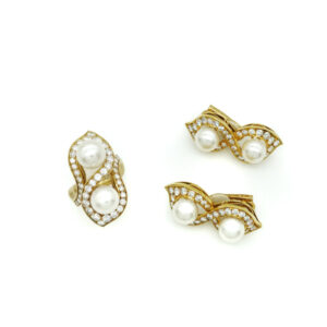Bulgari Yellow Gold Diamonds and Pearl Earrings & Ring Set