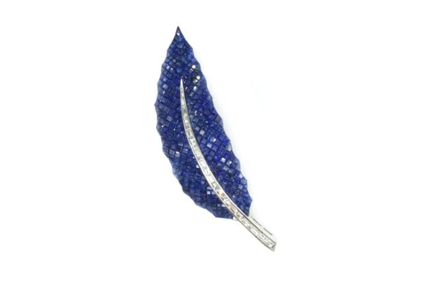 18k White Gold Invisibly-Set Sapphire and Diamond Feather Clip-Brooch - Image 3
