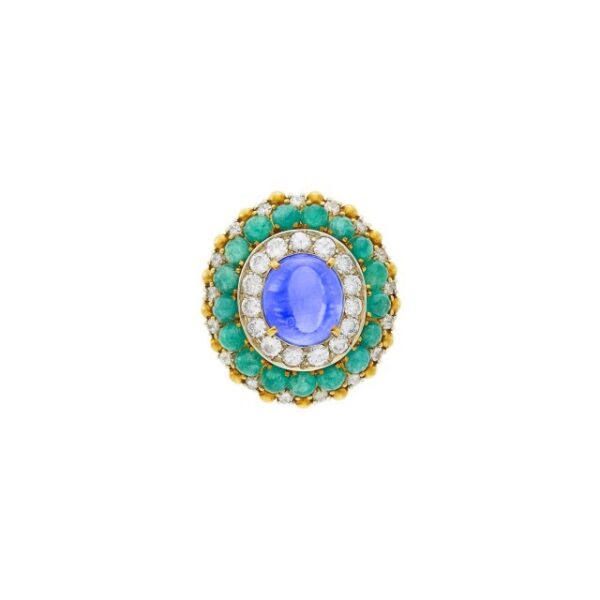 Nardi Gold Cabochon Sapphire Emerald and Diamond Ring