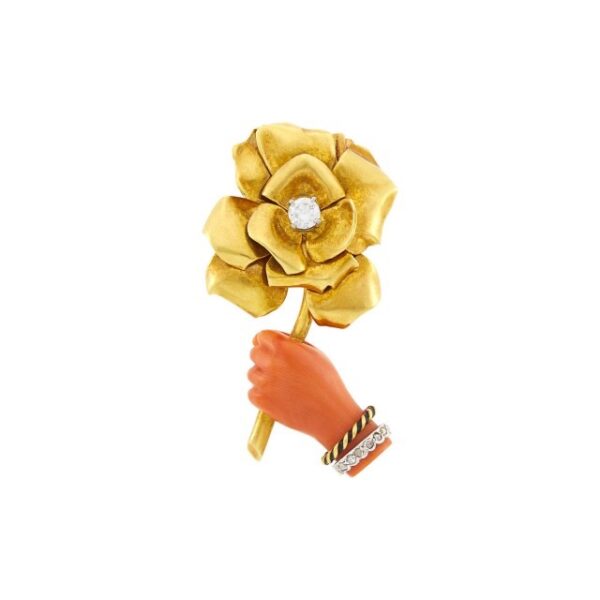 Cartier Paris Gold, Platinum, Carved Coral and Diamond Clip