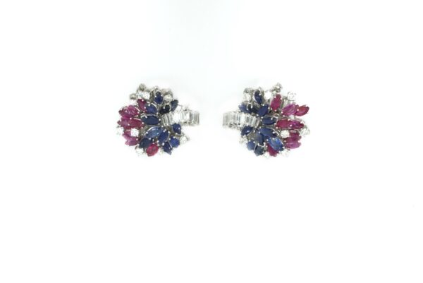 White Gold Earclips with Diamonds, Sapphires and Rubies - Image 4