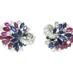 White Gold Earclips with Diamonds, Sapphires and Rubies