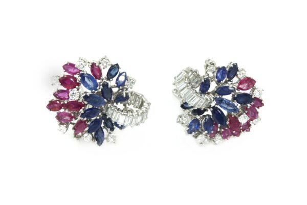 White Gold Earclips with Diamonds, Sapphires and Rubies