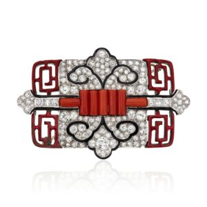 Cartier Art Deco Coral, Diamond and Enamel Brooch