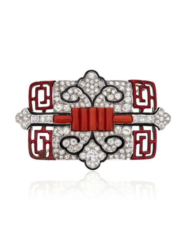 Cartier Art Deco Coral, Diamond and Enamel Brooch
