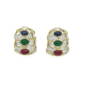 Cabochon Emerald, Sapphire, Ruby and Diamond Earrings