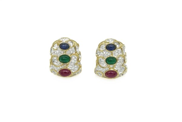 Cabochon Emerald, Sapphire, Ruby and Diamond Earrings