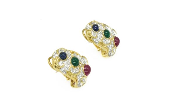 Cabochon Emerald, Sapphire, Ruby and Diamond Earrings - Image 4