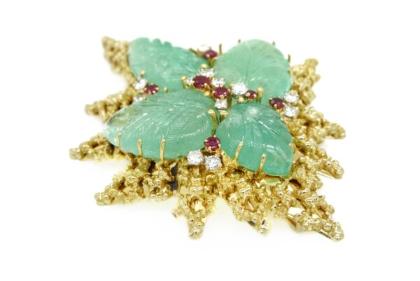 Carved Emerald Ruby and Diamond Brooch - Image 2